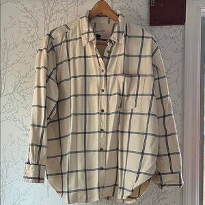 Universal Thread Cream Button-Up Plaid Shirt with Navy Windowpane